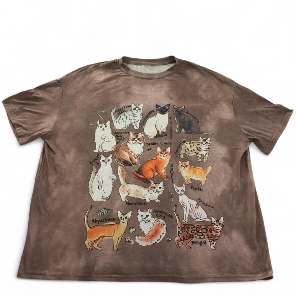 Romwe Cats Breeds Graphic T‎ Shirt Brown Cute Cat Lover Top Tee Cat Lady